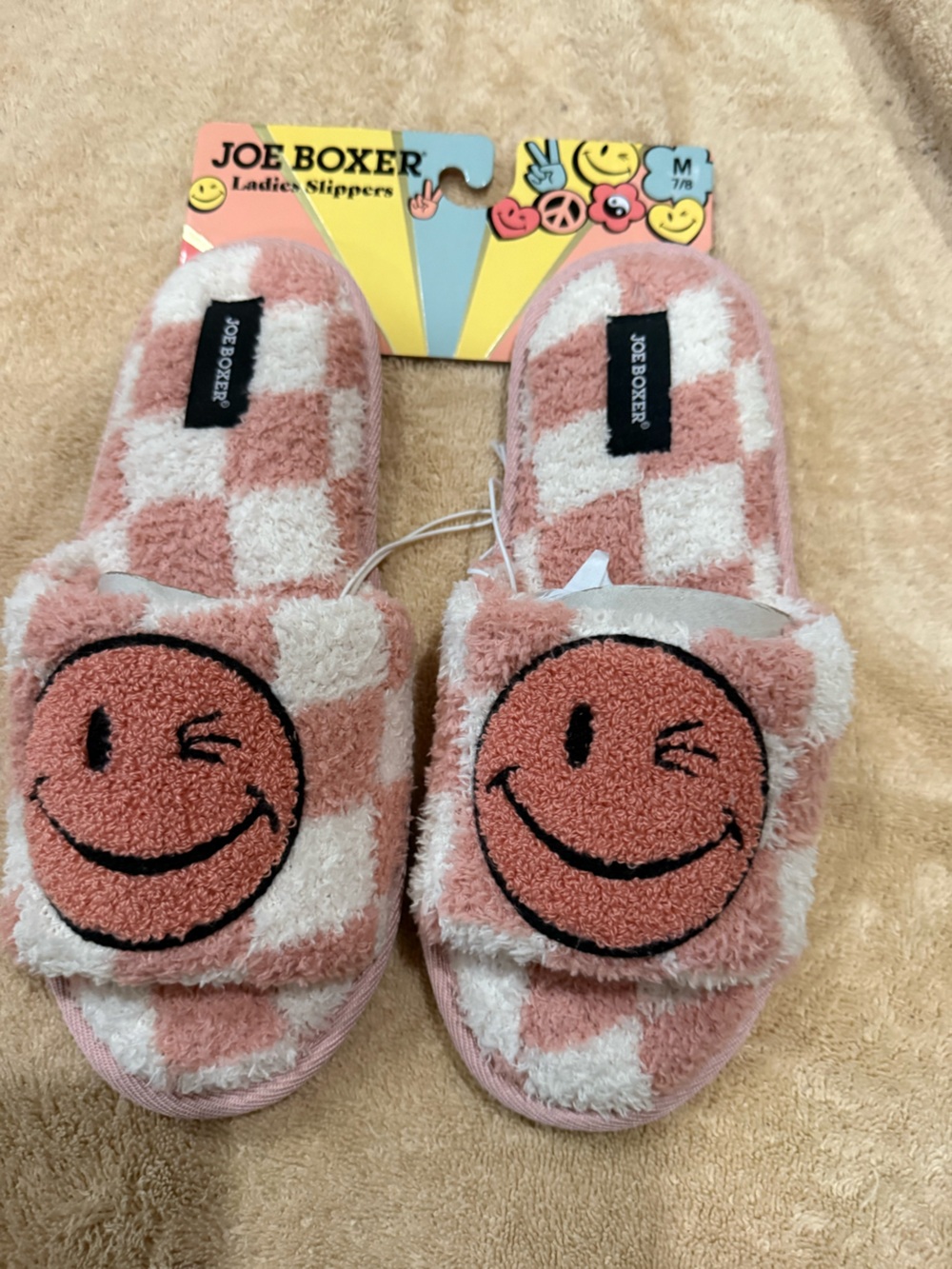 Joe Boxer Pink & White Check Plush Slide Slippers with Smiley Face